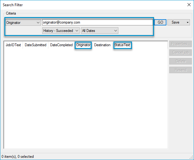 originator and history succeeded search filter dialog box example