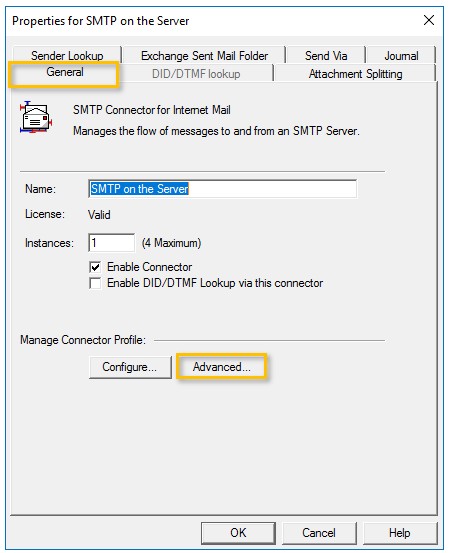 smtp on the server properties general dialog box