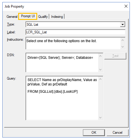 job property prompt ui dialog box example with dsn and query parameters