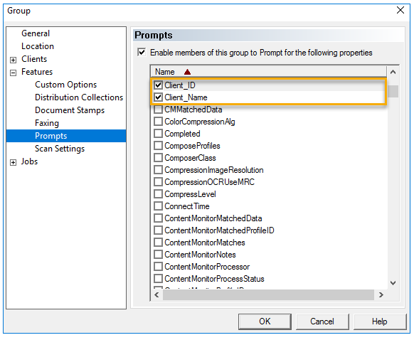 group features prompts dialog box example client_id and client_name