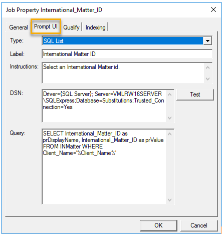 job property international_matter_id dialog box example dsn and query