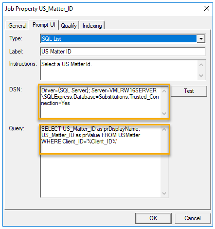 job property us_matter_id dialog box example sql list type