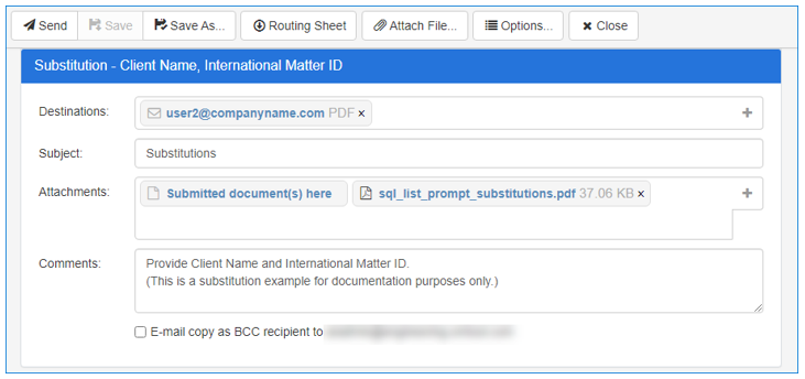 distribution example with client name and international matter id prompts