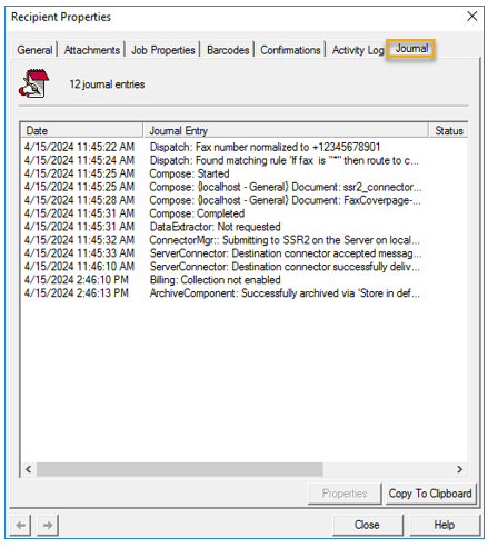 NY Server A (sending server) SSR2 event example journal entry