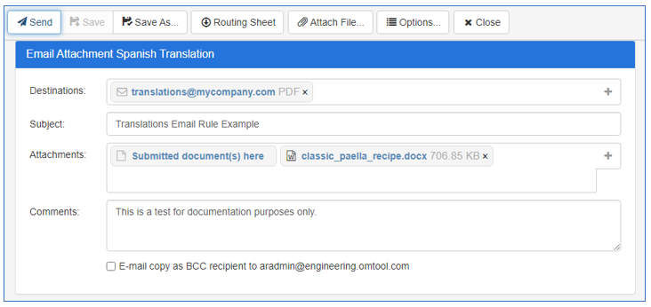 email attachment workflow example spanish translation