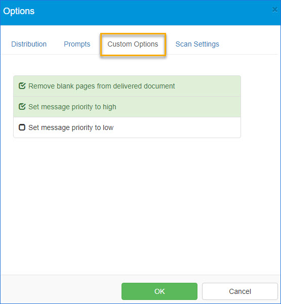 create distribution options custom options dialog box example