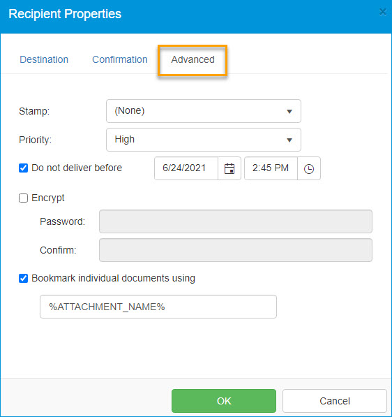 recipient properties advanced dialog box example