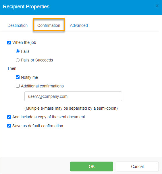 recipient properties confirmation dialog box example