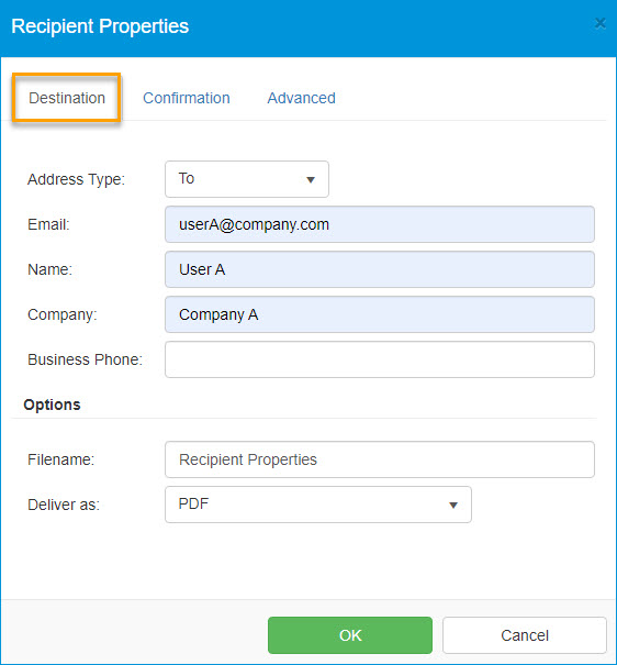 recipient properties destination dialog box example