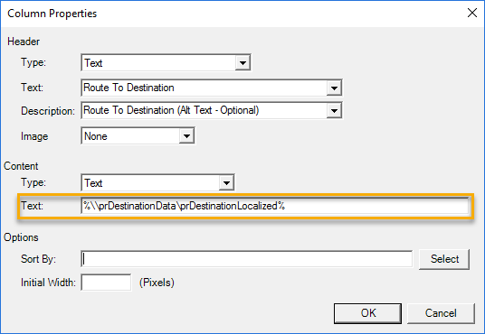 column properties dialog box example