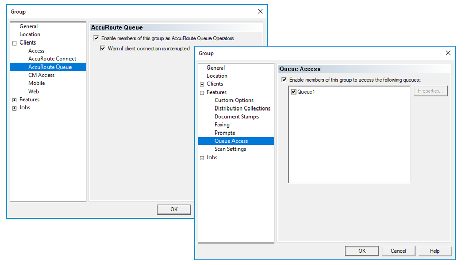 group clients and features dialog boxes example