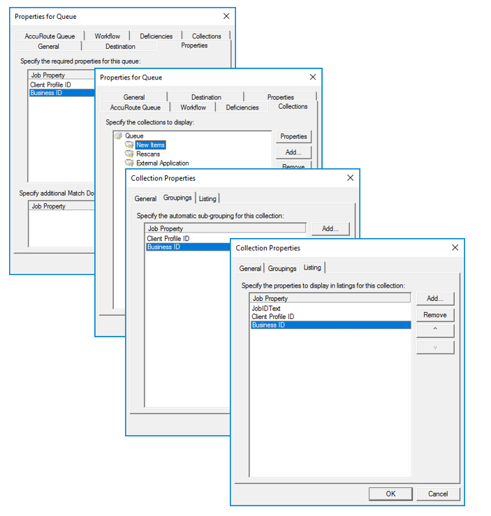 queue properties, collections, groupings, and listing dialog boxes example