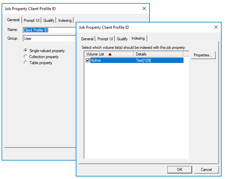 job property client profile id general and indexing dialog boxes example