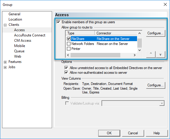 group properties client access dialog box example