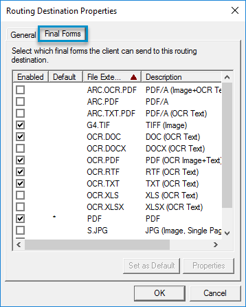 configure routing destination properties final forms dialog box