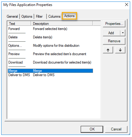 myfiles application properties actions dialog box example