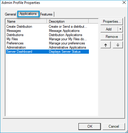 admin profile properties applications dialog box example