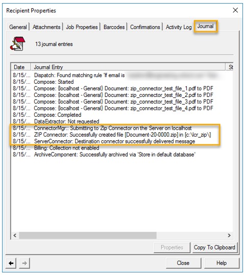 recipient properties journal dialog box