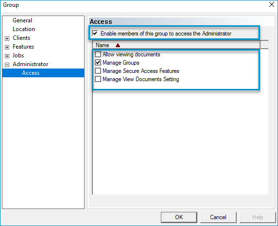 configuration group properties administrator access dialog box with manage groups permission example
