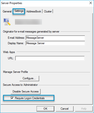 server properties settings dialog box with require logon credentials example