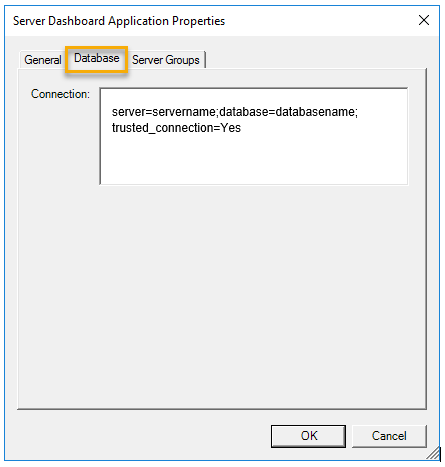 server dashboard application properties database connection string dialog box example