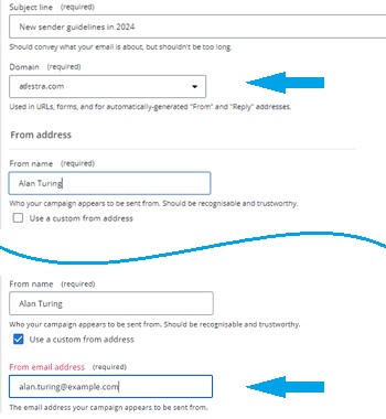 Screen capture illustrating the different locations of the domain name, i.e. highlighting the domain dropdown and the from email address field in the campaign options.