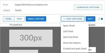 Screen capture of campaign compose step with test options dropdown menu open to show location of spam check, link check and, test email options.