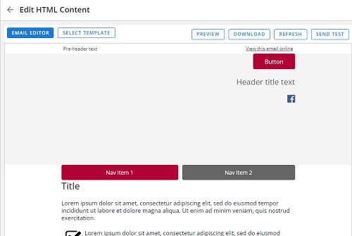 Screen capture of HTML user interface with a default template loaded and displaying buttons and text fields with example text.