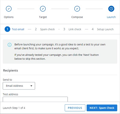 Screen capture of campaign launch step user interface