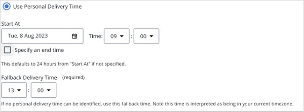 Screen capture of personal delivery time example settings