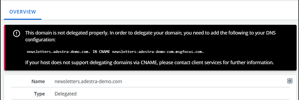Screen capture of a warning within the Adestra platform stating that there is an error with the domain.