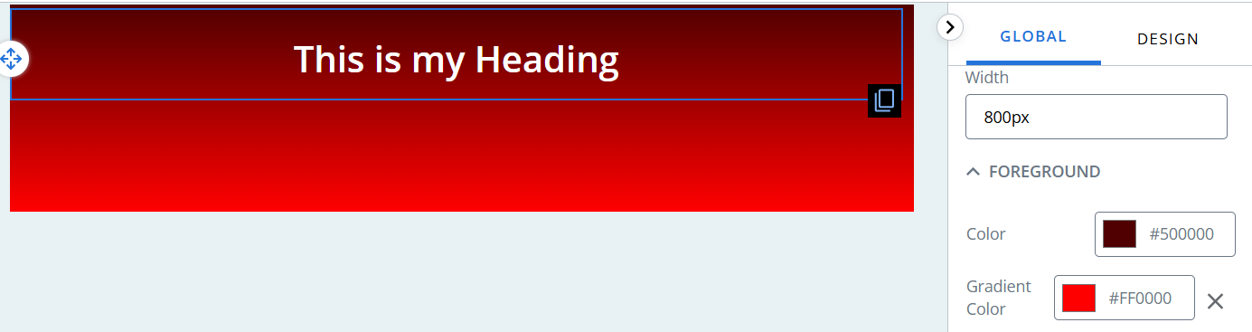 Screen capture showing an example gradient applied to the foreground of a mailing where the color changes from dark red to a bright red. Image includes the Global settings with the dark red and light red values.