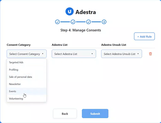 Screen capture showing the consent management window in the Adestra app with the Consent Category dropdown menu expanded alongside dropdown menus for selecting an Adestra list and an Adestra unsub list.
