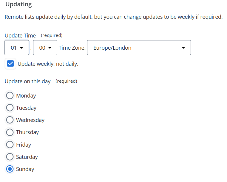 Screen capture showing the Adestra settings for the update schedule where the time is set to 01:00, the update weekly checkbox is ticked, and Sunday is selected.