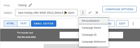 Screen capture of expanded options menu in subject line editor to show available options.