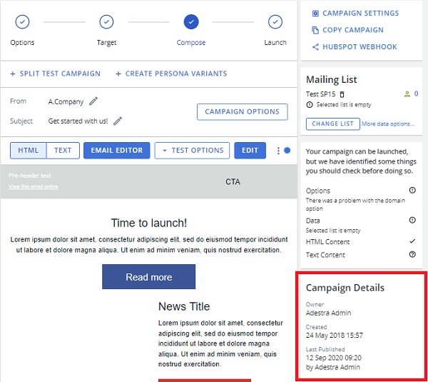 Screen capture showing location of campaign details card in lower right of the compose page.