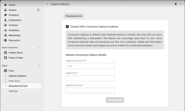 Screen capture showing the location of the abandoned cart feature in the Adestra-Shopify app and the configuration screen.