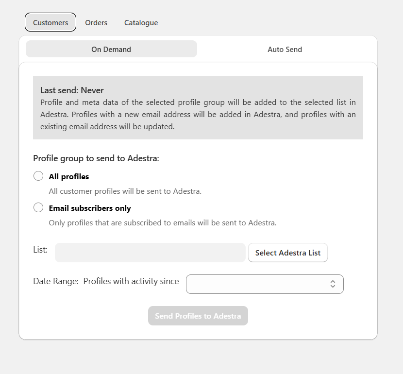 Screen capture showing an example of the data sync tab in the Adestra-Shopify app with the customers tab selected.