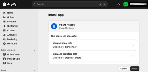 Screen capture illustrating the Shopify app installation page and the dropdown options for viewing the data collected by the app.