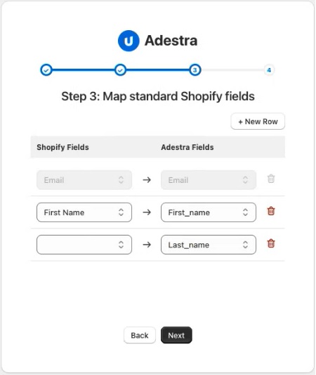Screen capture showing an excample field mapping for the First_name field in Adestra and the First name field in Shopify.