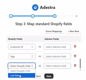 Screen capture showing the Adestra-Shopify mapping page and the dropdown menus for selecting your fields.