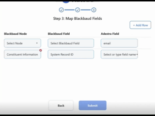 Gif illustrating the process for mapping fields within the Adestra-Blackbaud app.