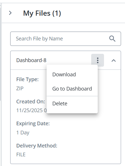 Screen capture showing an example of the see more menu for a file in the My Files menu with the options to Download, Go to Dashboard, or Delete.