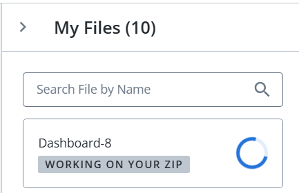 Screen capture showing an example download status in My Files with text indicating that Analytics is 'working on your zip' alongside a spinning update circle.