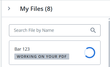Screen capture showing an example download status in My Files with text indicating that Analytics is 'working on your PDF' alongside a spinning update circle.