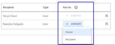 Screen capture showing the Run As dropdown expanded to show the options to run as the owner or recipient.