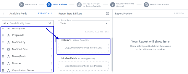 Screen capture showing the Fields and Filters page. Image highlights the location of the fields and where to drag them to add them to a report.
