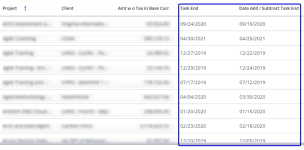 Screen capture showing a csutom field using the dateadd function to subtract five days from the date in the Task End column.