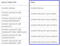Screen capture of a table where the custom field converts the text of the folder path field to lowercase.