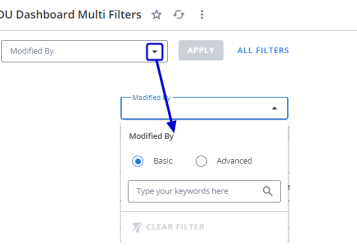 Screen capture showing an example of the filter dropdown, illustrating the radio buttons for Basic and Advanced settings.